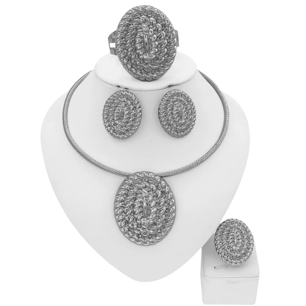 Conjunto de jóias banhado a ouro 18k para mulheres, brincos pingentes, gola redonda, Nigéria Wedding Festival Gift, estilo clássico