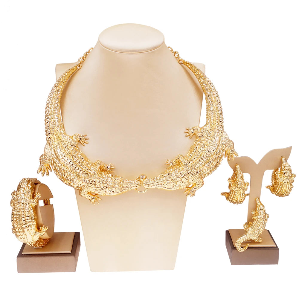 Conjunto de Jóias Banhado a Ouro Crocodilo para Mulheres, Colar, Brincos, Anel, Animal Design, Anéis, Party Essentials, Italiano, Novo