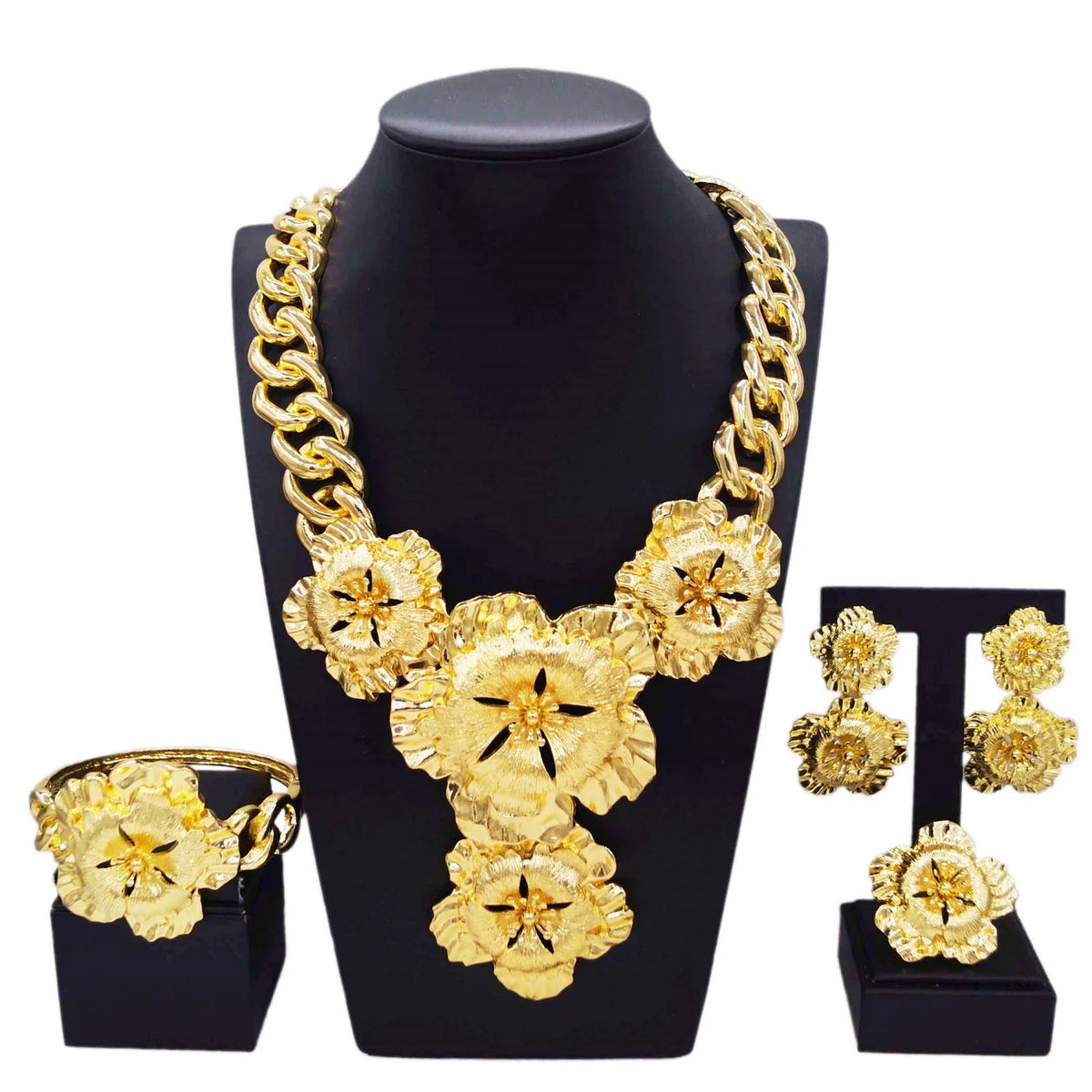 Colar para mulheres moda nova corrente cubana colar flor de ouro pingente luxo casamento bijoux banhado a ouro brincos anel syhol