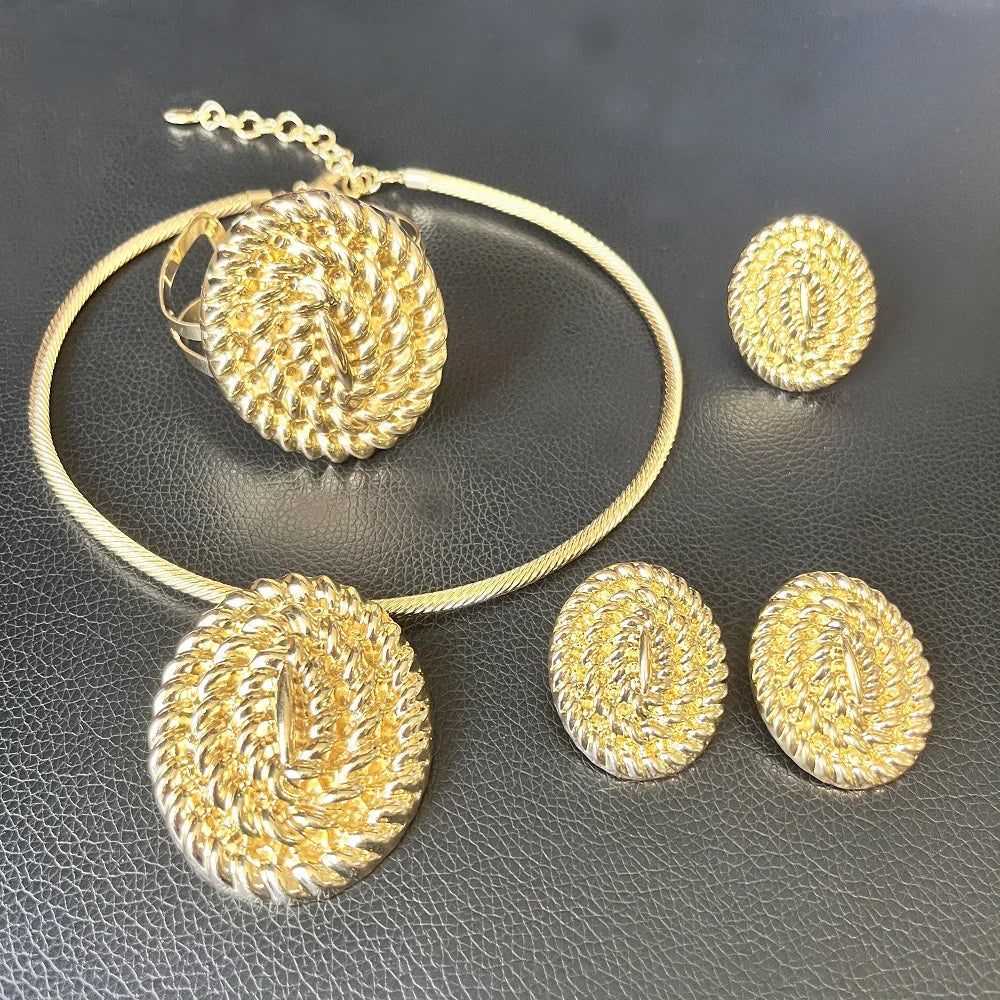 Conjunto de jóias banhado a ouro 18k para mulheres, brincos pingentes, gola redonda, Nigéria Wedding Festival Gift, estilo clássico