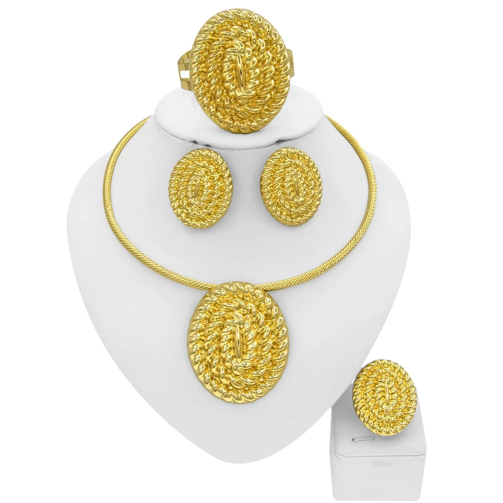 Conjunto de jóias banhado a ouro 18k para mulheres, brincos pingentes, gola redonda, Nigéria Wedding Festival Gift, estilo clássico