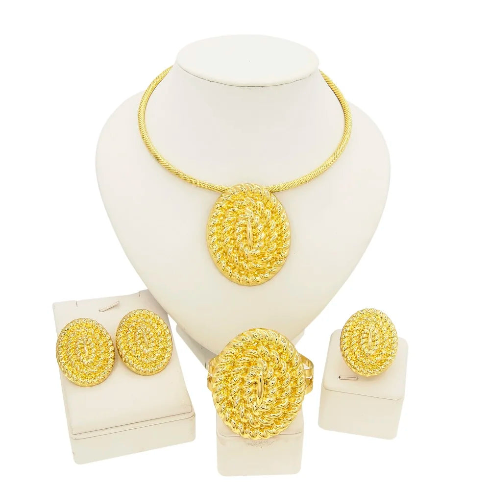 Conjunto de jóias banhado a ouro 18k para mulheres, brincos pingentes, gola redonda, Nigéria Wedding Festival Gift, estilo clássico