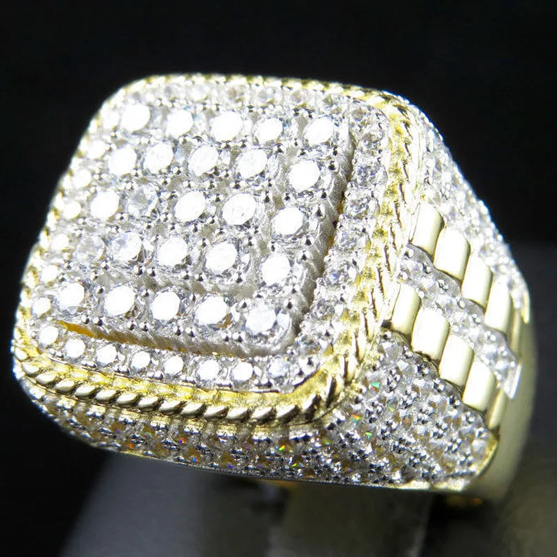 Huitan na moda hip hop rock anel masculino para festa luz cor de ouro completo bling gelado para fora cúbico micro pavimentado cz anéis presente jóias