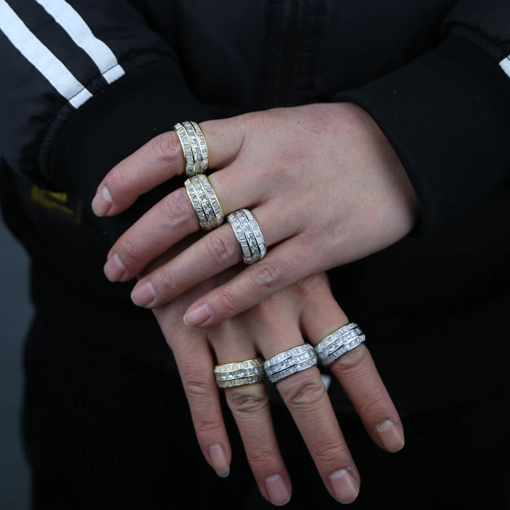 Novo ouro prata cor retângulo zircão anéis gelado retângulo cz charme zircônia cúbica moda masculina anéis hip hop jóias