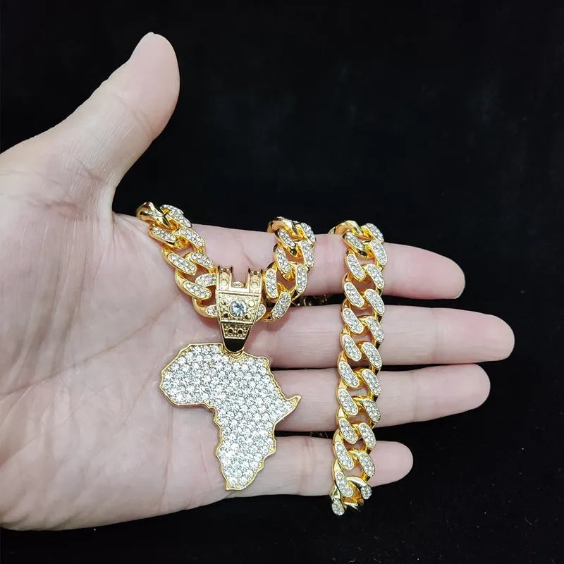 Masculino feminino hip hop gelado bling mapa da áfrica pingente colar com 13mm corrente cubana hiphop colares moda charme jóias