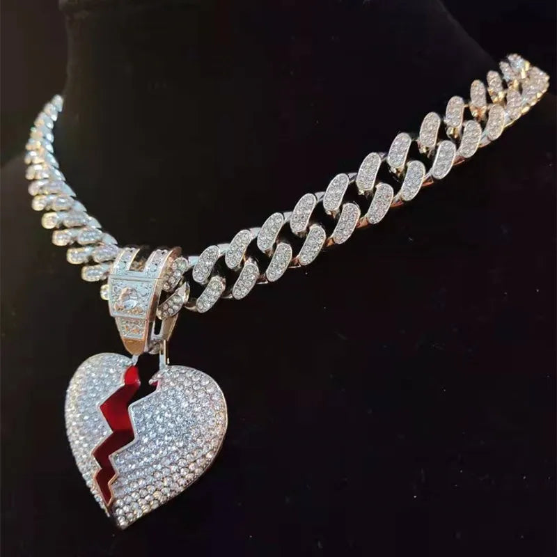 Homens hip hop corrente gelada para fora bling coração quebrou pingente colar 13mm miami cubana corrente hiphop colares moda charme jóias