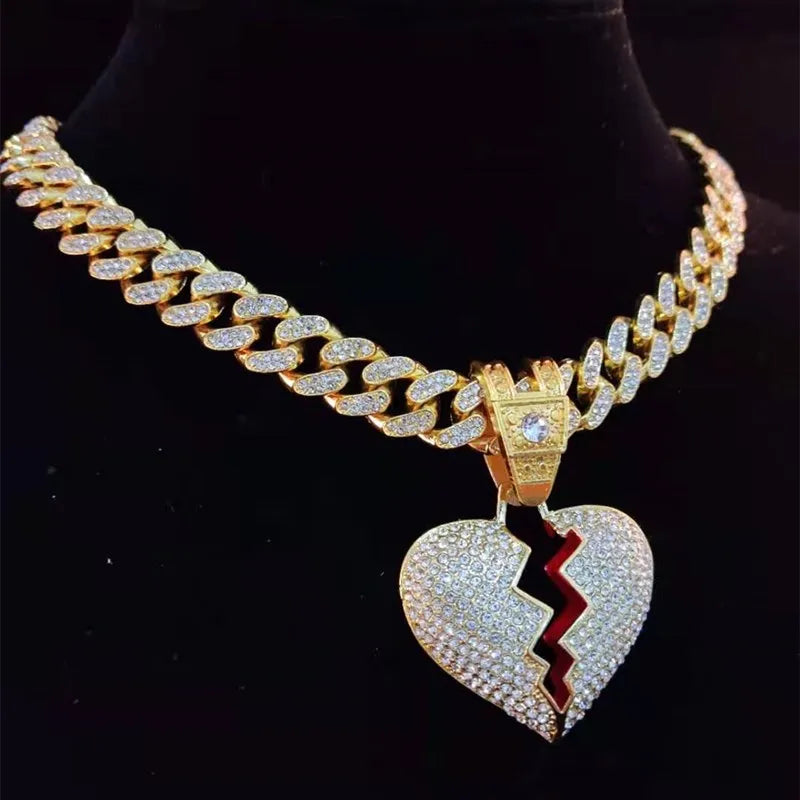 Homens hip hop corrente gelada para fora bling coração quebrou pingente colar 13mm miami cubana corrente hiphop colares moda charme jóias