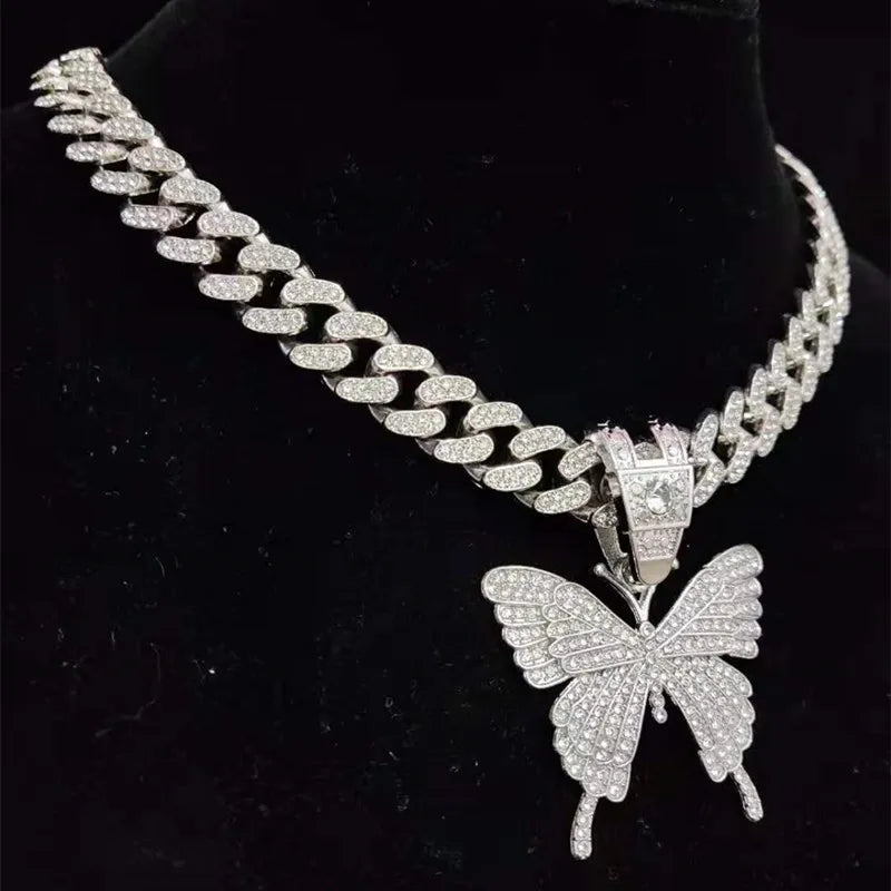 Masculino feminino hip hop iced out bling borboleta pingente colar com 13mm miami corrente cubana hiphop colares moda charme jóias