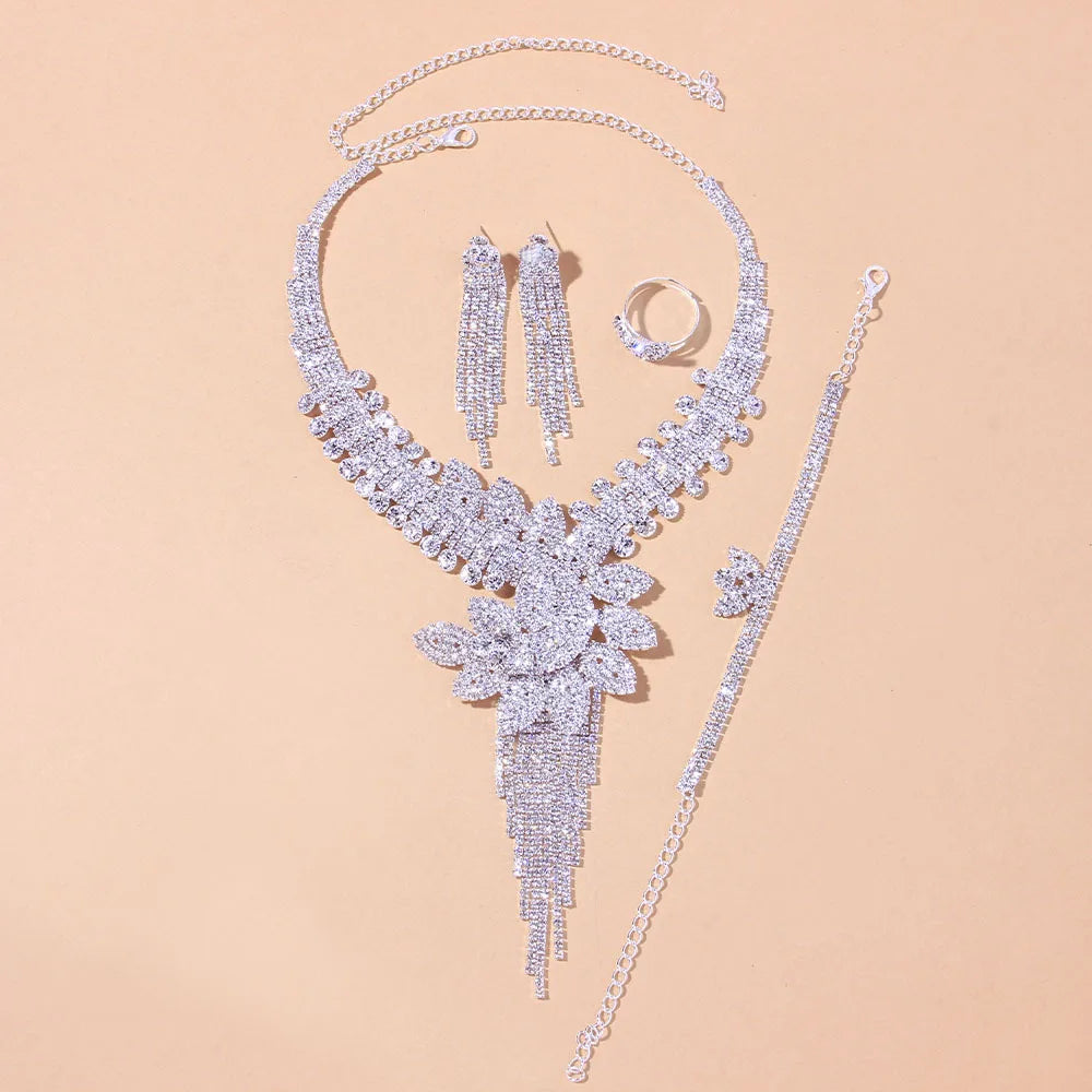 Stonefans luxo flores strass conjuntos de jóias de noiva para mulheres acessórios de natal colar pulseira brinco anel conjunto presente