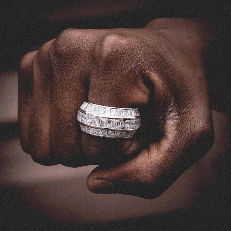 Novo ouro prata cor retângulo zircão anéis gelado retângulo cz charme zircônia cúbica moda masculina anéis hip hop jóias