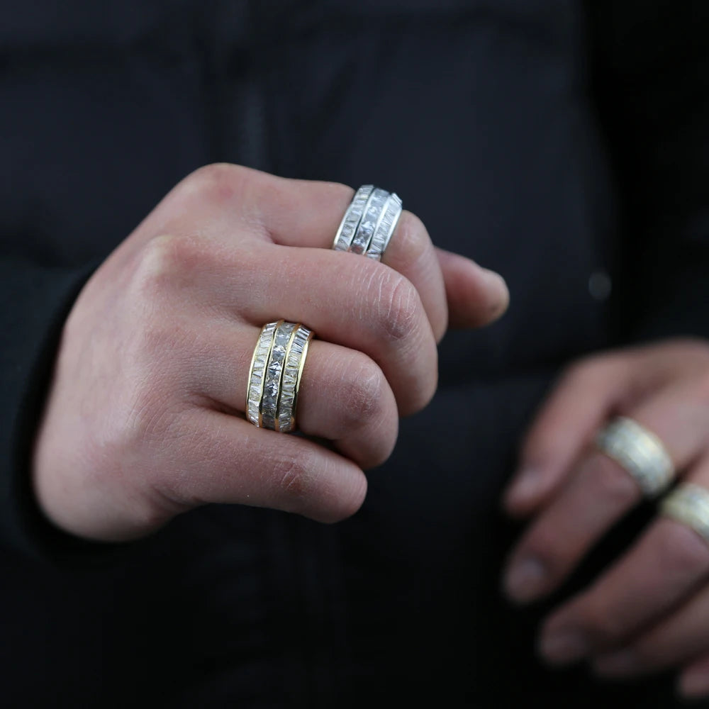 Novo ouro prata cor retângulo zircão anéis gelado retângulo cz charme zircônia cúbica moda masculina anéis hip hop jóias