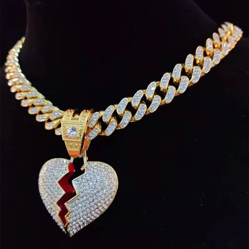 Homens hip hop corrente gelada para fora bling coração quebrou pingente colar 13mm miami cubana corrente hiphop colares moda charme jóias