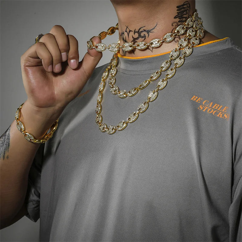 Iced out feijão de café strass punk miami cubano gargantilha colar pulseira declaração hip hop grande grosso grosso corrente colar