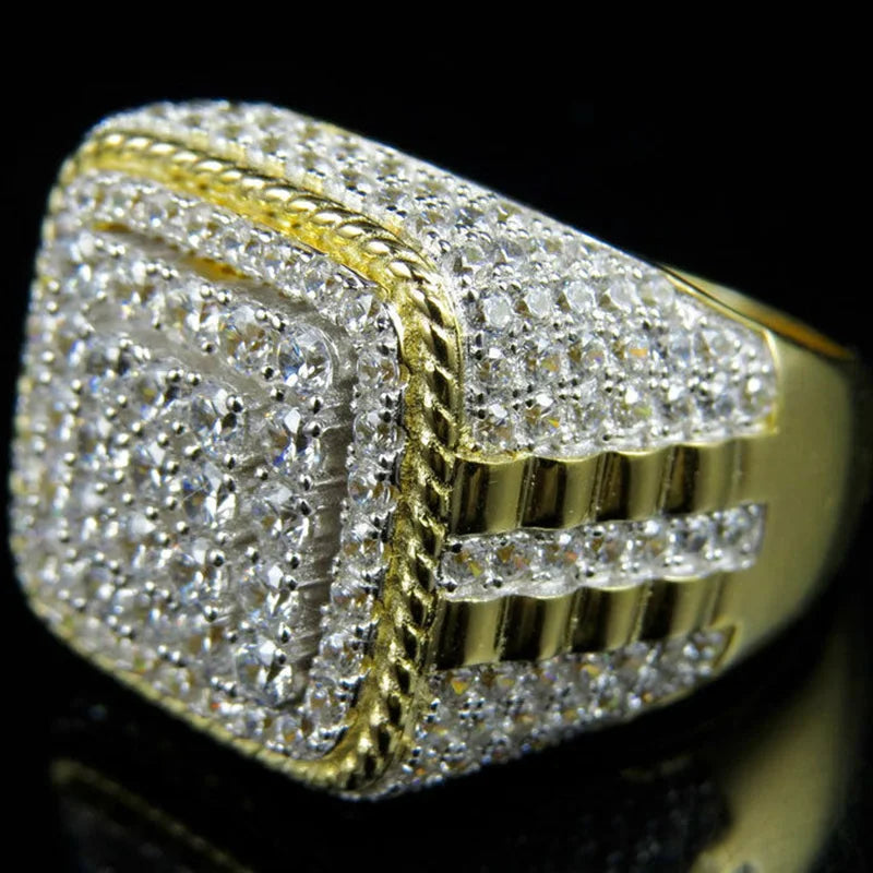 Huitan na moda hip hop rock anel masculino para festa luz cor de ouro completo bling gelado para fora cúbico micro pavimentado cz anéis presente jóias