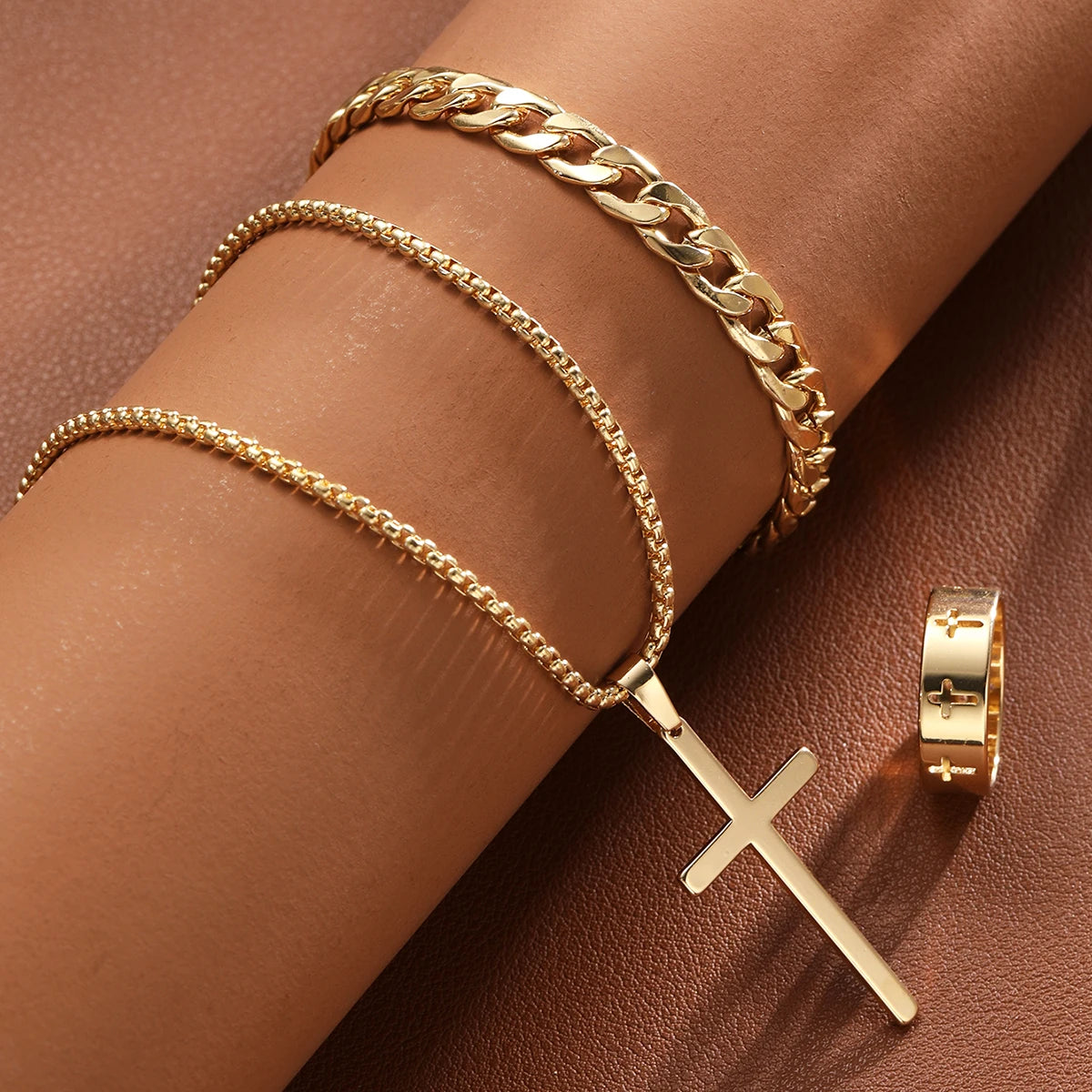 3 pçs conjuntos de jóias de aço inoxidável masculino estilo hip hop gótico com pingente cruz colar anel pulseira conjunto moda presentes simples