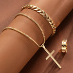 3 pçs conjuntos de jóias de aço inoxidável masculino estilo hip hop gótico com pingente cruz colar anel pulseira conjunto moda presentes simples