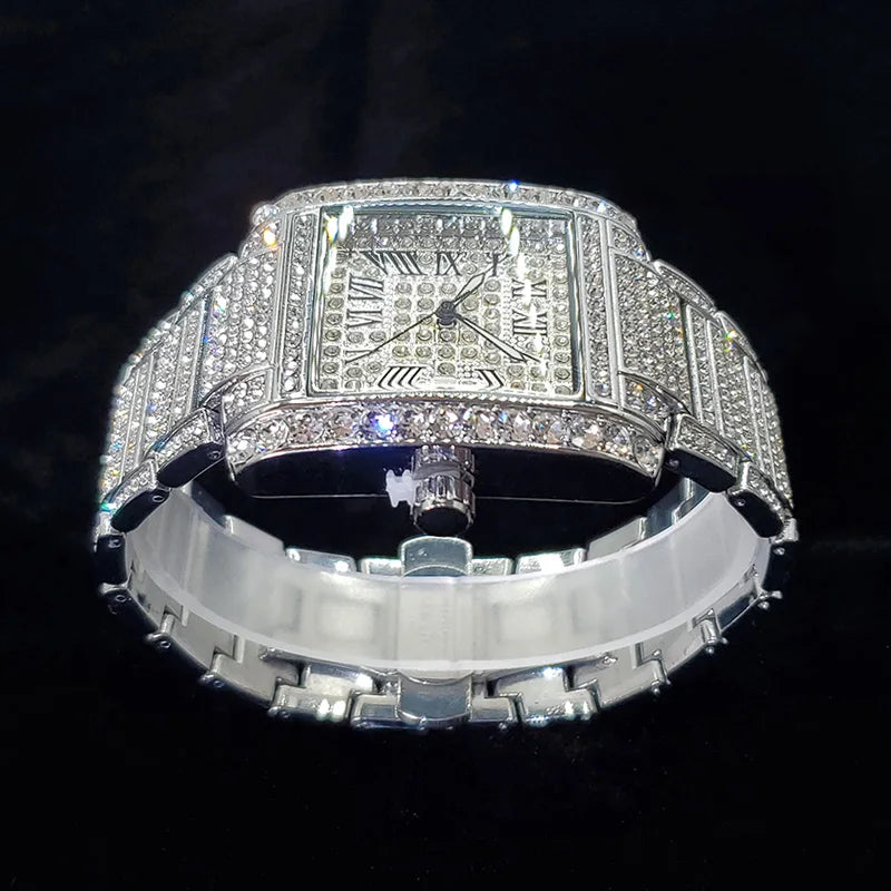 Novo relógio de diamante de luxo para homens moda gelo fora retângulo relógio de pulso bling estilo hip hop jóias relogio masculino dropshipping