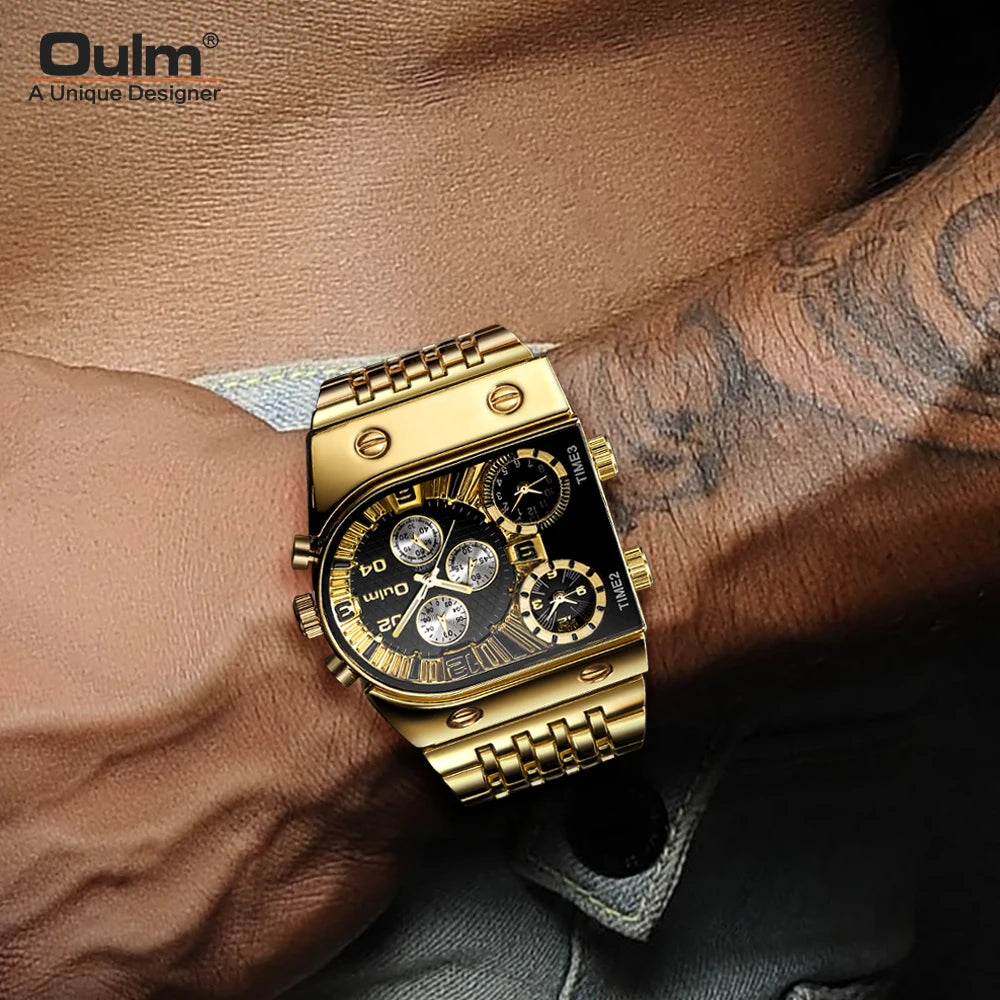 Oulm data automática relógio masculino quadrado ouro quartzo relógio de pulso para homem esportes multi-fuso horário militar masculino à prova dwaterproof água reloj hombre