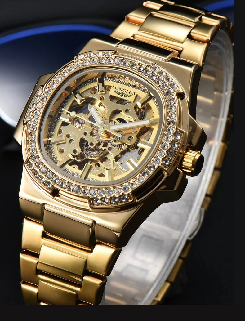 Longlux relógio masculino automático de luxo aço inoxidável atacado relógios mecânicos esqueleto à prova dwaterproof água relógio diamante homem