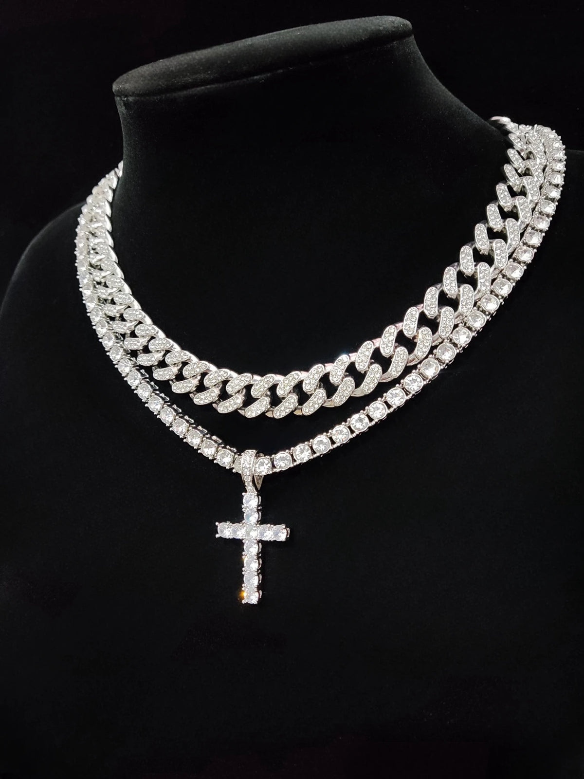 Colar com pingente Hip Hop Cross para homens e mulheres, corrente cubana, colares bling gelados, joias da moda, 2 peças por conjunto