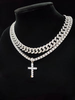 Colar com pingente Hip Hop Cross para homens e mulheres, corrente cubana, colares bling gelados, joias da moda, 2 peças por conjunto