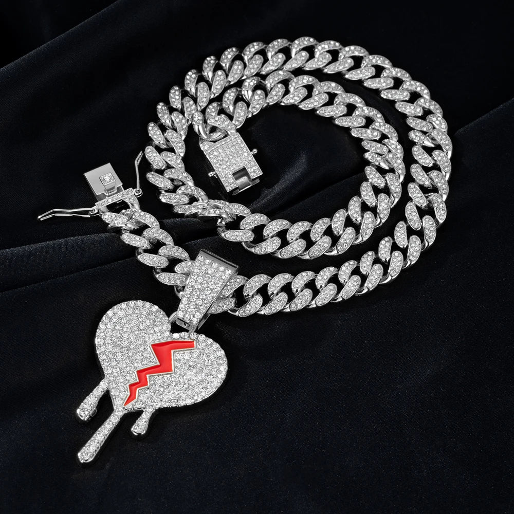 Hip hop iced out coração quebrado pingentes colar com miami cubana link corrente heartbreak colares masculino feminino rapper charme jóias