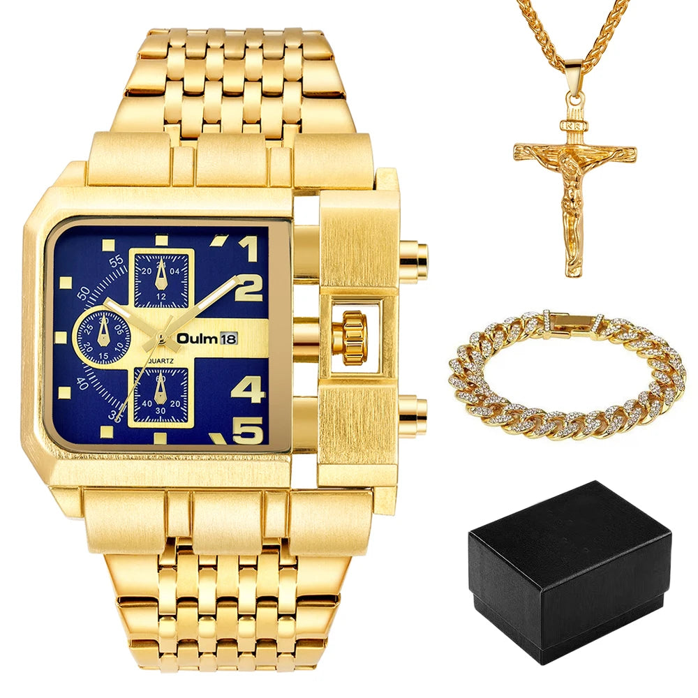 Oulm data automática relógio masculino quadrado ouro quartzo relógio de pulso para homem esportes multi-fuso horário militar masculino à prova dwaterproof água reloj hombre