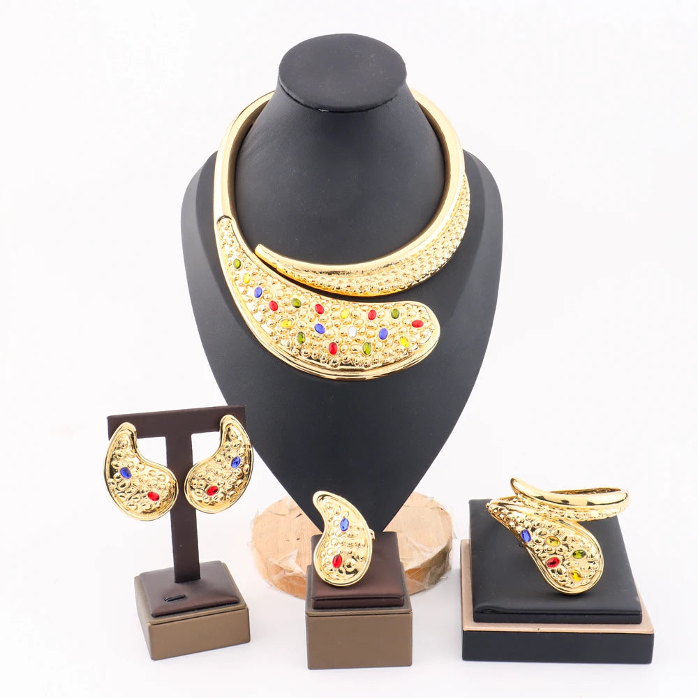 Conjunto de jóias de cobre índia dubai jóias banhado a ouro colar brincos anel pulseira luxo presente de casamento