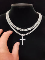 Colar com pingente Hip Hop Cross para homens e mulheres, corrente cubana, colares bling gelados, joias da moda, 2 peças por conjunto