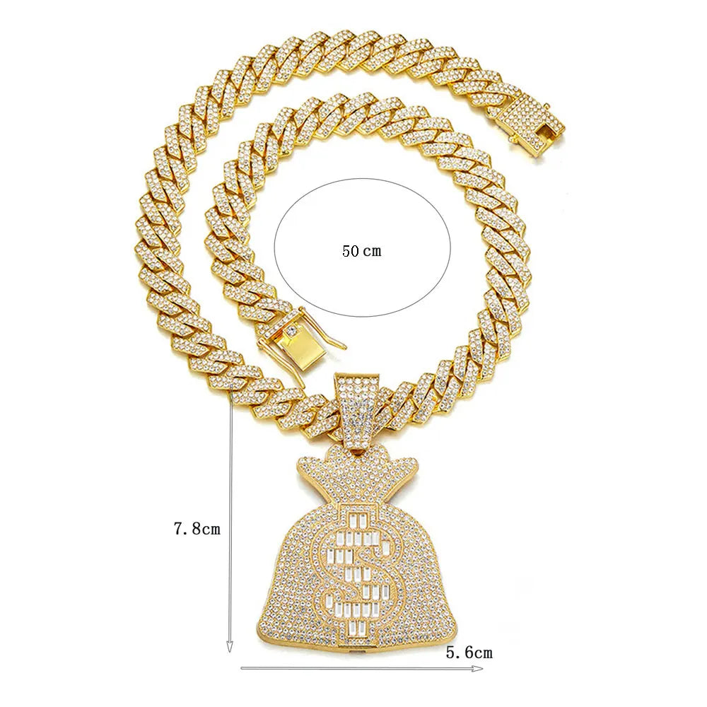 Masculino feminino hip hop dólar sinal saco de dinheiro pingente colar com 14mm corrente cubanausd saco de dinheiro colares na moda charme jóias presente