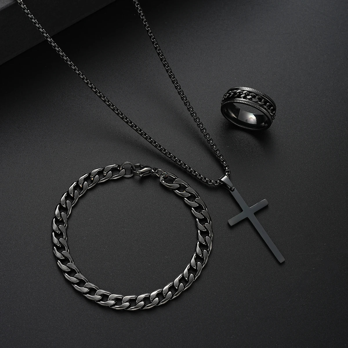 3 pçs conjuntos de jóias de aço inoxidável masculino estilo hip hop gótico com pingente cruz colar anel pulseira conjunto moda presentes simples