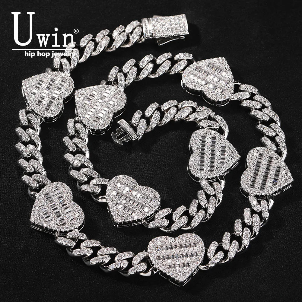 Uwin 10mm corrente cubana com coração baguette completo gelado zircão cúbico moda luxuosa gargantilha hiphop joias