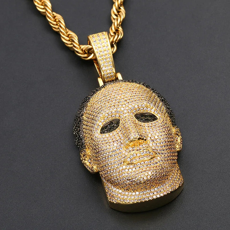 Colar de pedra gelada Hip Hop para homens, pingentes de máscara masculina, joias Rapper, cor dourada e prata, 5A Plus CZ