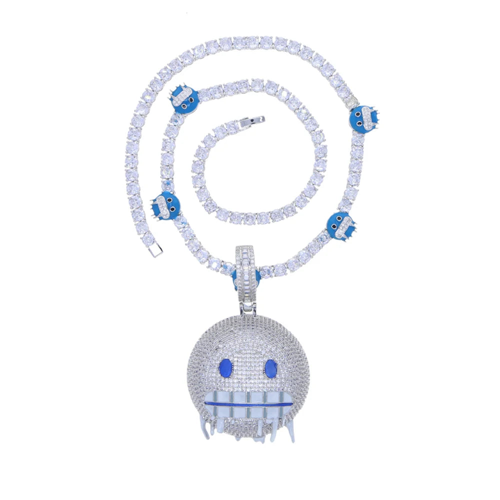 Colar gelado Bling Iceman para homens e mulheres, corrente de tênis, charme de expressão de esmalte azul, jóias Hip Hop, 5mm, CZ, moda, novo, 2024