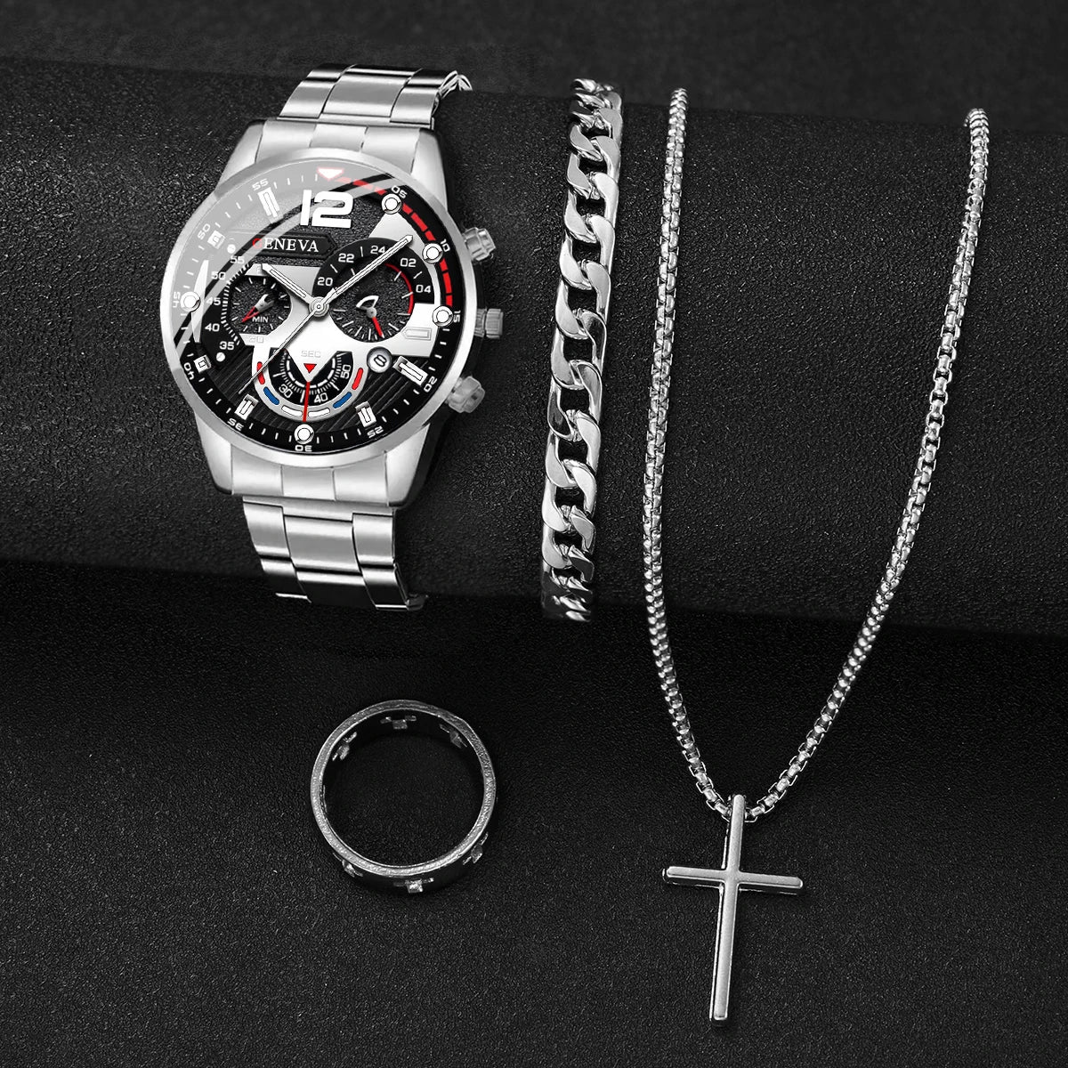 Quartz Watch for Men, Silver Steel Band, Relógios de Negócios, Conjunto de Jóias sem Caixa, Moda, 4 Pçs/set