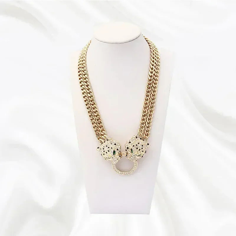 Hip hop cristal duplo leopardo cabeça pingente com dupla corrente cubana colar moda pantera jóias para homens mulheres festa wear