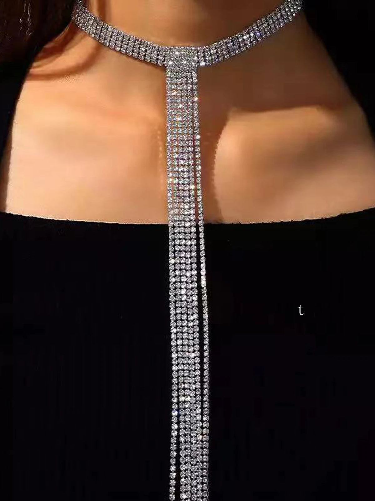 Colar em forma de T strass longo Tassel, personalizado e versátil, Europeu e Americano, Cadeia de Colavícula
