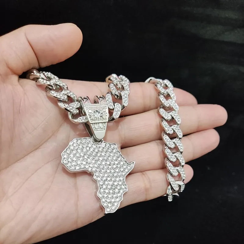 Masculino feminino hip hop gelado bling mapa da áfrica pingente colar com 13mm corrente cubana hiphop colares moda charme jóias
