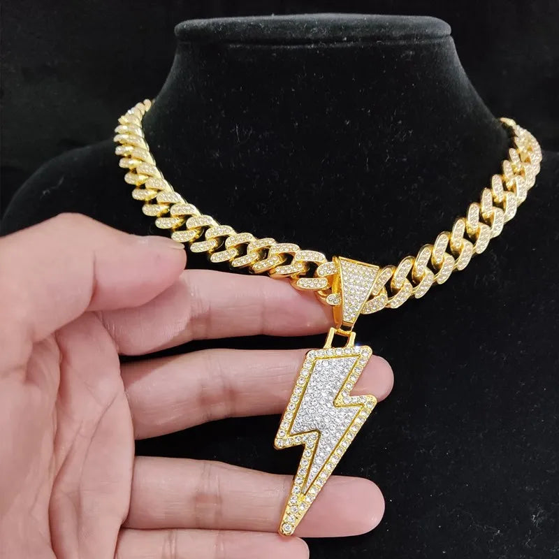 Masculino feminino hip hop relâmpago pingente colar com 13mm cristal cubana corrente hiphop gelado para fora bling colares moda charme jóias