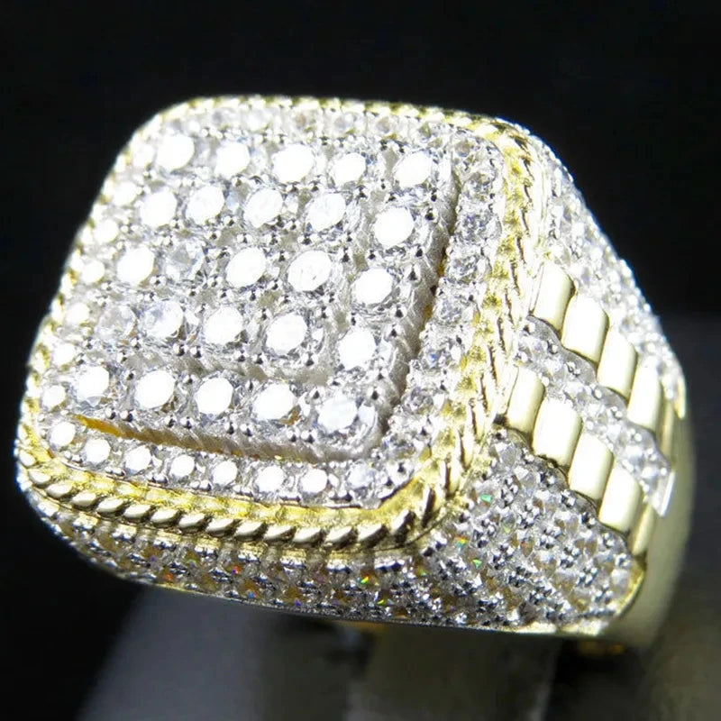 Huitan na moda hip hop rock anel masculino para festa luz cor de ouro completo bling gelado para fora cúbico micro pavimentado cz anéis presente jóias
