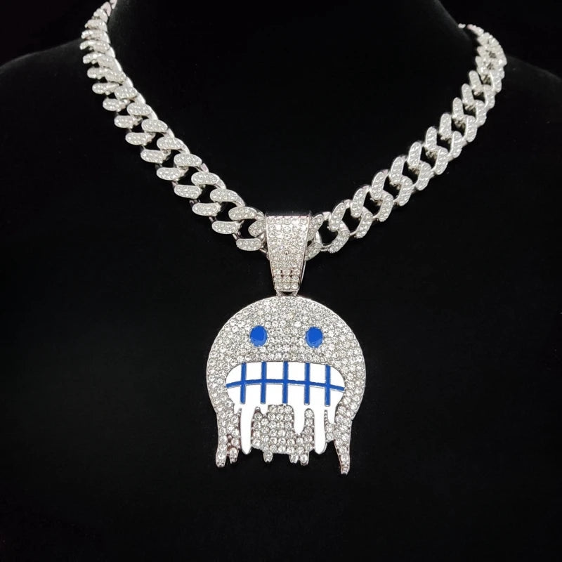 Hip Hop Iced Out Bling Emoji Forma Colar de Pingente para Homens e Mulheres, 13mm Largura, Corrente Cubana, Colares Hip Hop, Jóias Charme de Moda