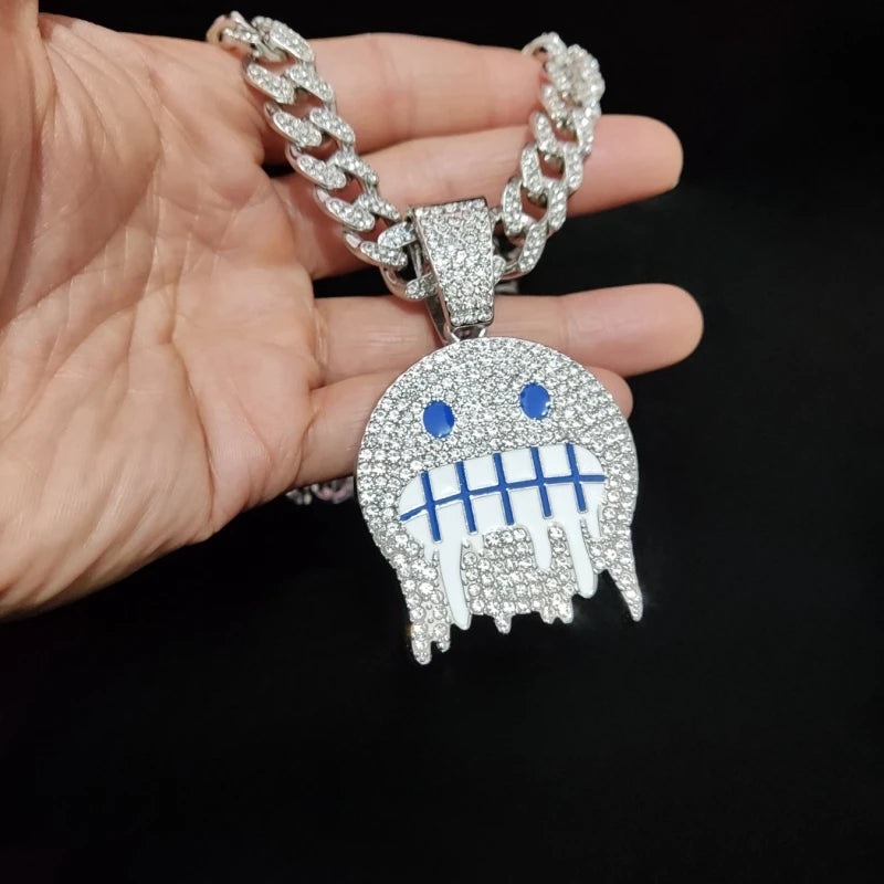 Hip Hop Iced Out Bling Emoji Forma Colar de Pingente para Homens e Mulheres, 13mm Largura, Corrente Cubana, Colares Hip Hop, Jóias Charme de Moda