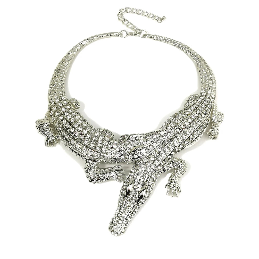 Punk incrustado cheio de strass grande colar de crocodilo para as mulheres instrução liga torque colar cor ouro moda jóias