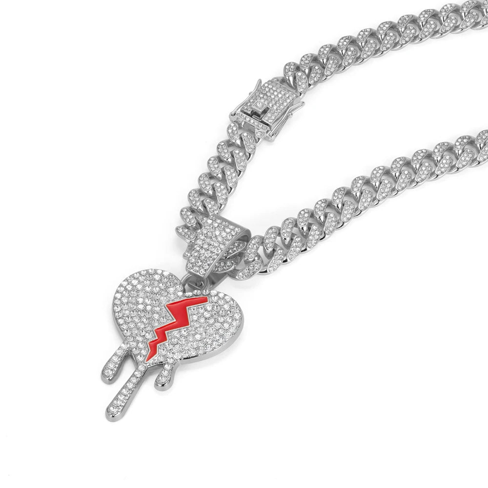 Hip hop iced out coração quebrado pingentes colar com miami cubana link corrente heartbreak colares masculino feminino rapper charme jóias