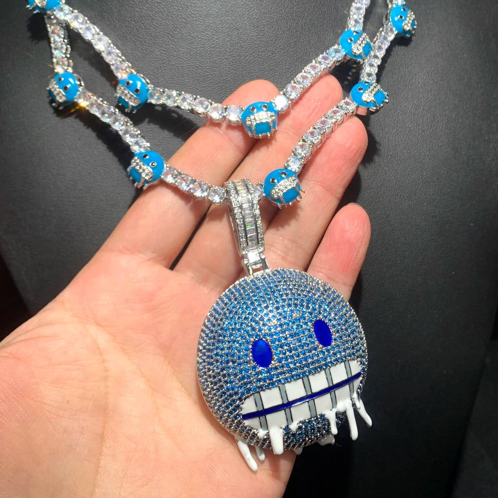 Colar gelado Bling Iceman para homens e mulheres, corrente de tênis, charme de expressão de esmalte azul, jóias Hip Hop, 5mm, CZ, moda, novo, 2024