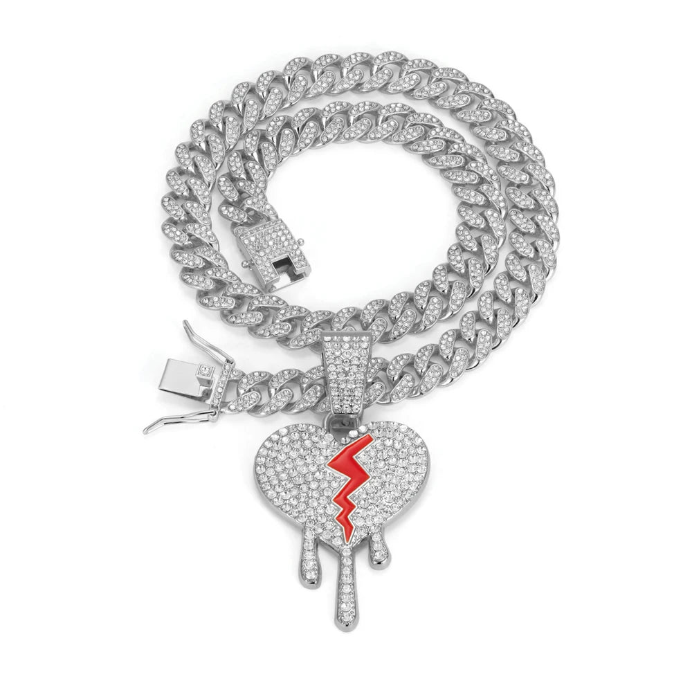 Hip hop iced out coração quebrado pingentes colar com miami cubana link corrente heartbreak colares masculino feminino rapper charme jóias