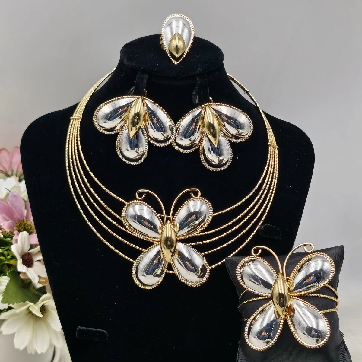 Luxo cor de ouro 4 pçs conjunto de jóias femininas nigeria moda forma borboleta colar brinco pulseira anel para festa africana casamento