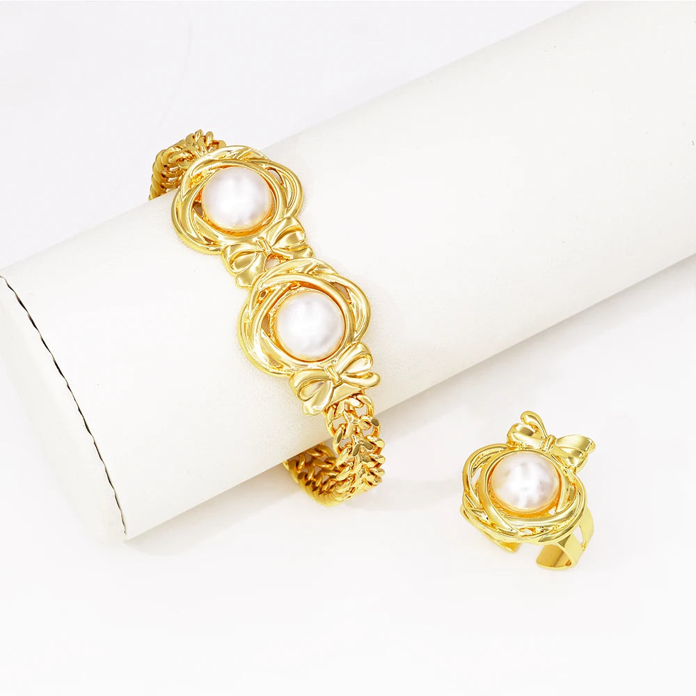 Gzjpei conjunto completo de joias de cor dourada 18k, anel de concha grande, corrente cubana, colar, pulseira para mulheres, joias africanas dubai