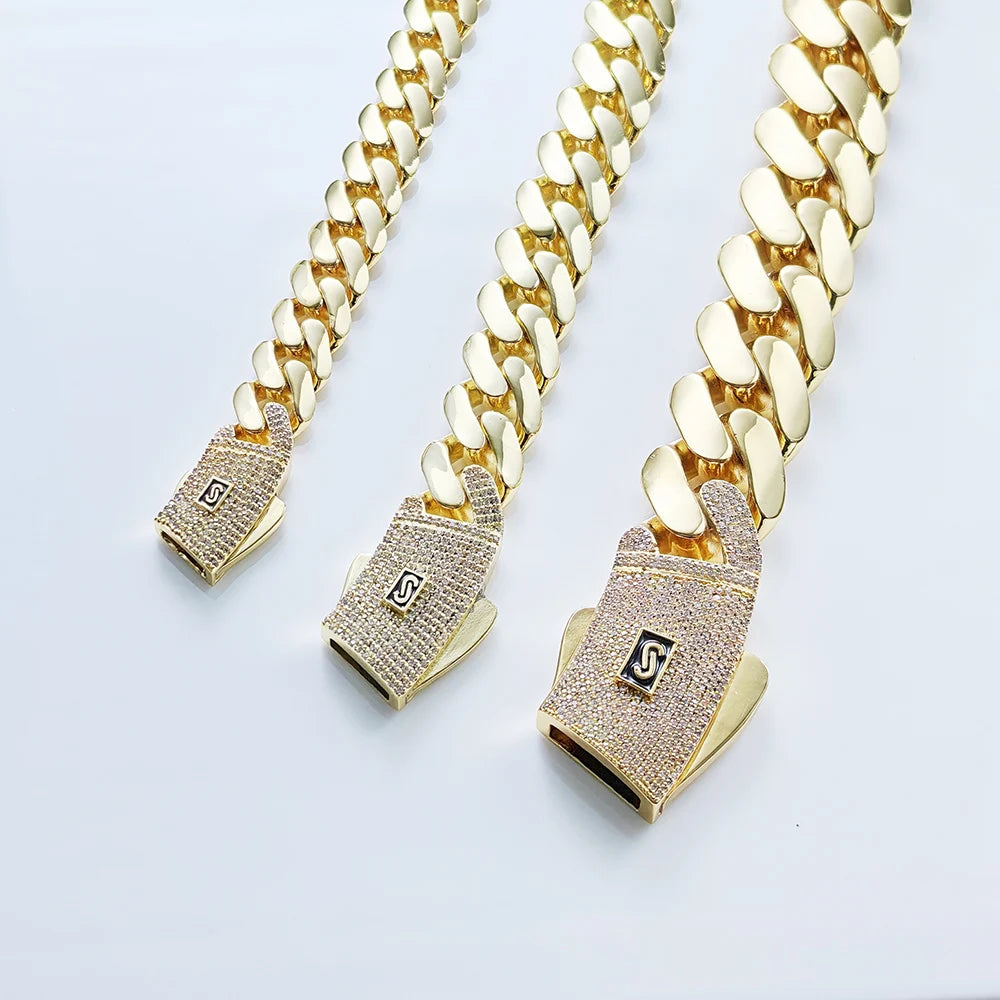 Hhiok venda quente monaco 14k banhado a ouro corrente masculina com fecho gelado colar miami 12/15/20mm corrente de ligação cubana de latão para homens