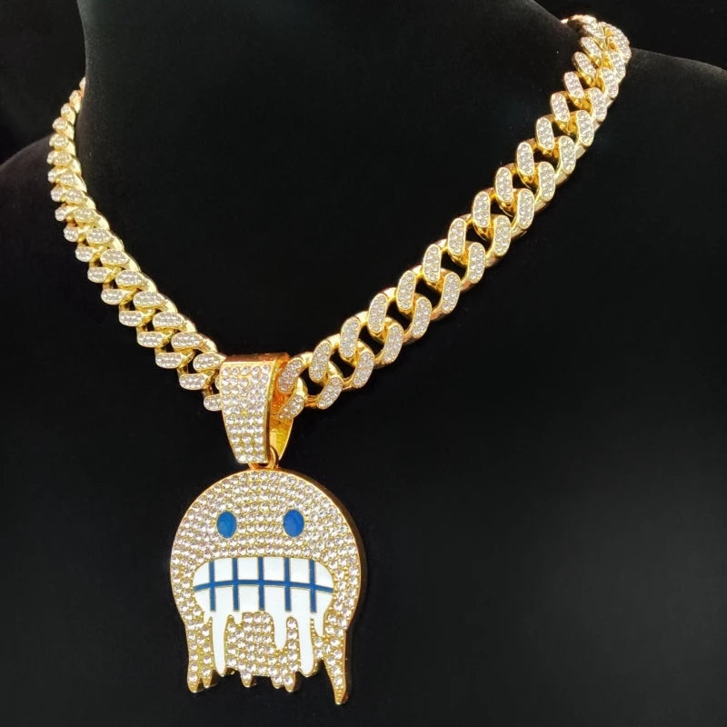Hip Hop Iced Out Bling Emoji Forma Colar de Pingente para Homens e Mulheres, 13mm Largura, Corrente Cubana, Colares Hip Hop, Jóias Charme de Moda